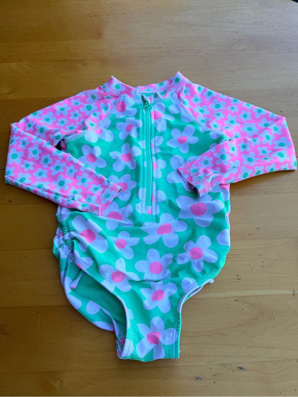 jumping beans Green & Pink Floral Long-Sleeve One-Piece Swimsuit